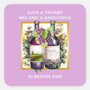 Sticker Carré Aquarelle bouteilles de vin raisins lavendar vigno