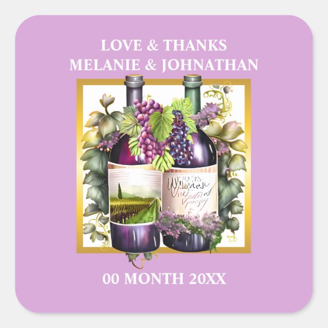 Sticker Carré Aquarelle bouteilles de vin raisins lavendar vigno (Devant)
