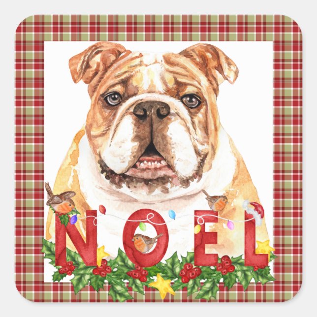 Sticker Carré Aquarelle Bulldog Noel Noël (Devant)