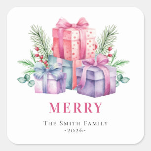 Sticker Carré Aquarelle cadeaux de Noël