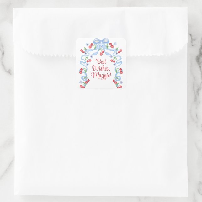 Sticker Carré Aquarelle Cerises Grandmillennial Rubans (Sac)