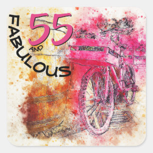 Sticker Carré Aquarelle chic "55 de bicyclette et" anniversaire