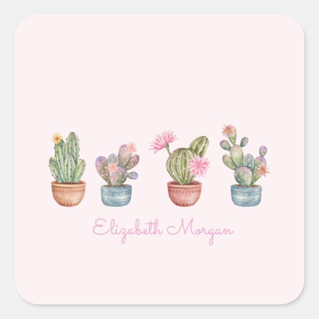 Sticker Carré Aquarelle Chic Succulents rose (Devant)