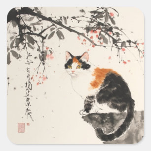 Sticker Carré Aquarelle chinoise - Calico cat