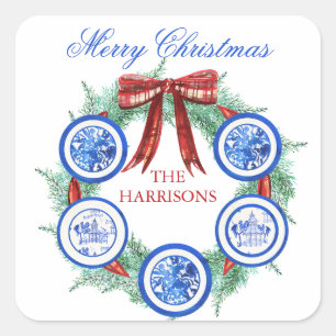 Sticker Carré Aquarelle Chinoiserie Plaques Wreath Noël