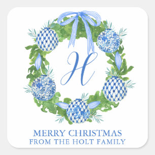 Sticker Carré Aquarelle Chinoiserie Wreath Noël