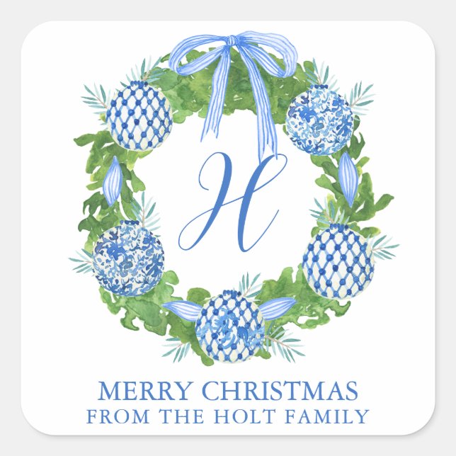 Sticker Carré Aquarelle Chinoiserie Wreath Noël (Devant)