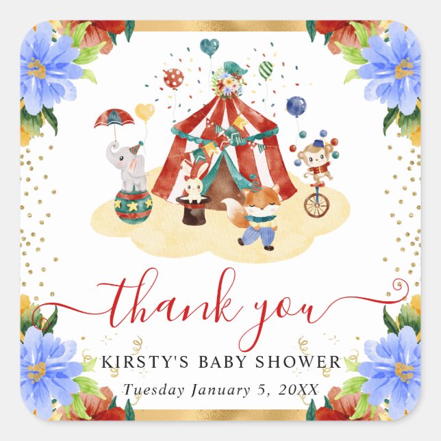 Sticker Carré Aquarelle Cirque Animaux Baby shower Floral (Devant)