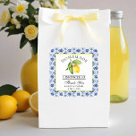 Sticker Carré Aquarelle Citron Carrelage bleu Limoncello Merci<br><div class="desc">Élégant Aquarelle Citron sur Carreaux Bleus Stickers Merci Mariage Limoncello fait maison</div>