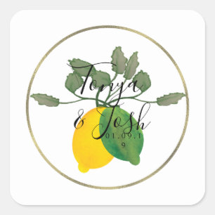 Sticker Carré Aquarelle Citron Lime Limoncillo Faux Or Mariage