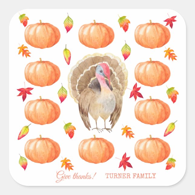 Sticker Carré Aquarelle Citrouille Turquie Motif Thanksgiving (Devant)