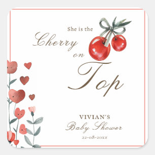 Sticker Carré Aquarelle Coeur cerise florale sur le Baby shower