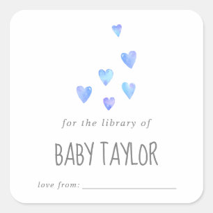 Sticker Carré Aquarelle Coeurs Boy Baby shower Bookplate