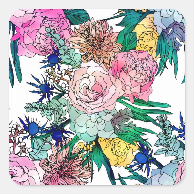 Sticker Carré Aquarelle colorée élégante Motif Floral (Devant)