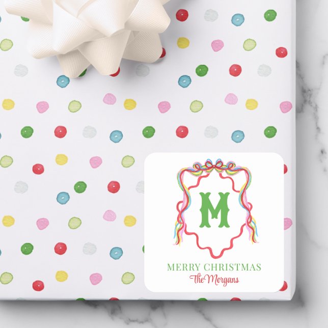 Sticker Carré Aquarelle Confetti Noël Bow Monogram Crest (Créateur téléchargé)