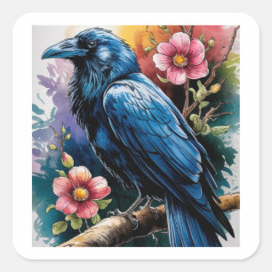 Sticker Carré Aquarelle corbeau et Rose