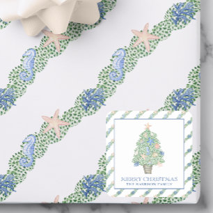 Sticker Carré Aquarelle Côtière Noël Arbre cadeau