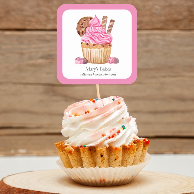 Sticker Carré Aquarelle Cupcake Rose Avec Boulangerie Au Chocola (Créateur téléchargé)