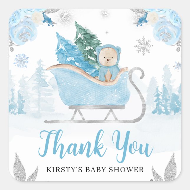 Sticker Carré Aquarelle Cute Bleu Baby shower d'ours d'hiver (Devant)