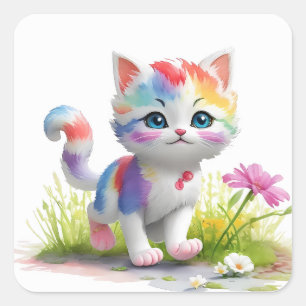 Sticker Carré Aquarelle Cute chat