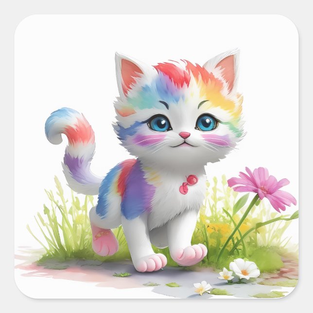 Sticker Carré Aquarelle Cute chat (Devant)