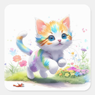 Sticker Carré Aquarelle Cute chat