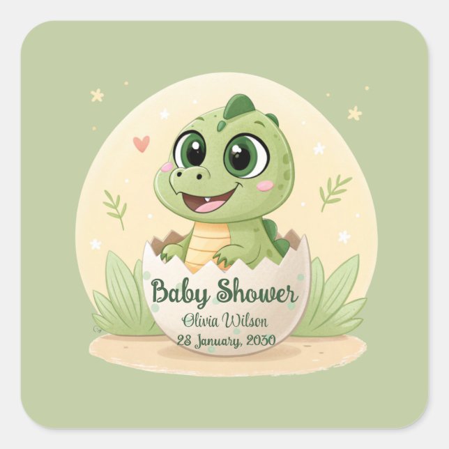 Sticker Carré Aquarelle Cute Dinosaur Baby shower Garçon de verd (Devant)