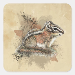 Sticker Carré Aquarelle Cute Little Chipmunk Animal Wildlife