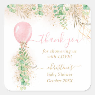 Sticker Carré Aquarelle de ballon Baby shower Floral Merci