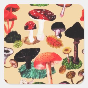Sticker Carré Aquarelle de champignon d'automne rétro