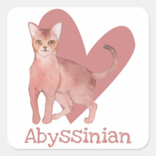 Sticker Carré Aquarelle de chat abyssinien Kitty Coeur rose
