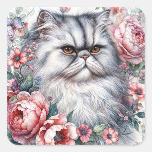 Sticker Carré Aquarelle de chat perse Portrait floral