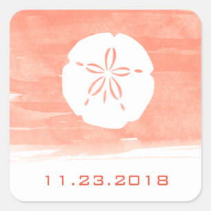 Sticker Carré Aquarelle de corail Sable Dollar Mariage Date