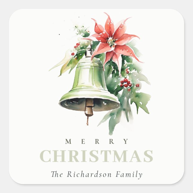 Sticker Carré Aquarelle de Noël Bell Pine Poinsettia Folithe (Devant)