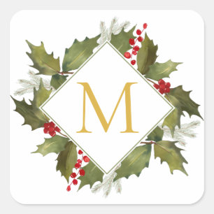 Sticker Carré Aquarelle de Noël Gros Monogramme Holly Wreath