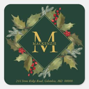 Sticker Carré Aquarelle de Noël Gros Monogramme Holly Wreath