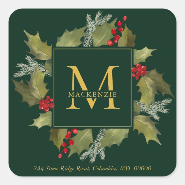 Sticker Carré Aquarelle de Noël Monogramme Holly Wreath Green (Devant)