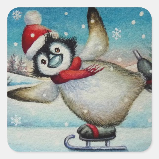 Sticker Carré Aquarelle de pingouin de Whimsical Patinage de gla (Devant)