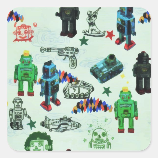 Sticker Carré Aquarelle de robot spatial Humour vintage (Devant)