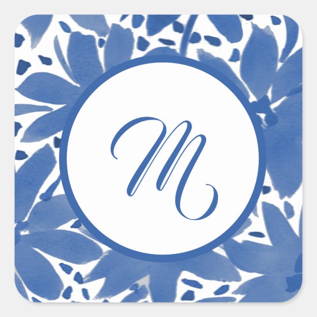 Sticker Carré Aquarelle Design Monogramme Blue Floral (Devant)