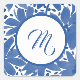 Sticker Carré Aquarelle Design Monogramme Blue Floral