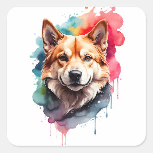 Sticker Carré Aquarelle Dessin de chien Art Portrait Dessin d'en