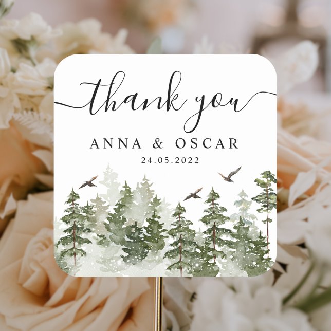 Sticker Carré Aquarelle d'hiver moderne Forêt verte avec neige (Créateur téléchargé)