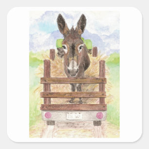 Sticker Carré Aquarelle Donkey Burro Cute Farm Animal Art