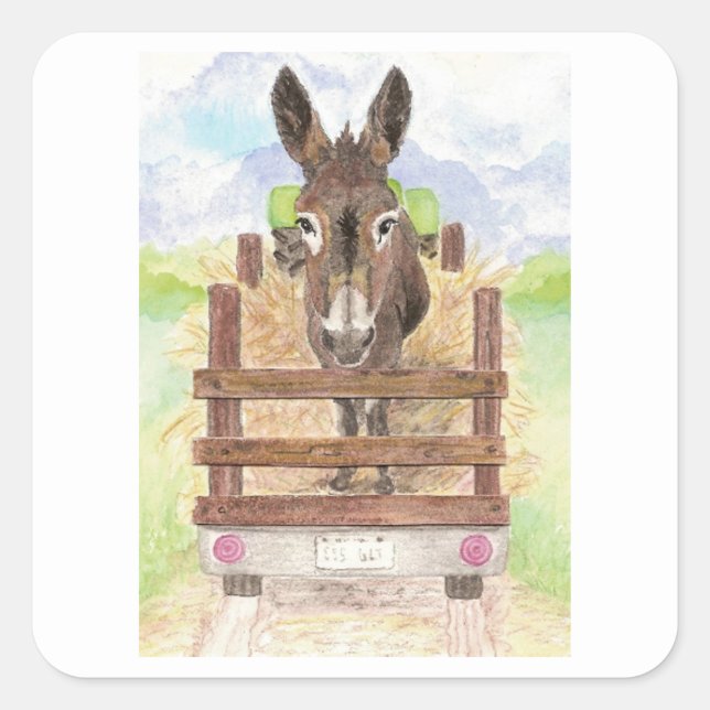 Sticker Carré Aquarelle Donkey Burro Cute Farm Animal Art (Devant)