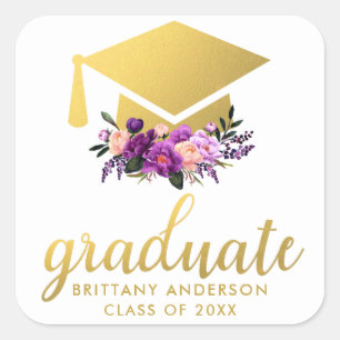 Sticker Carré Aquarelle dorée violet graduée Floral