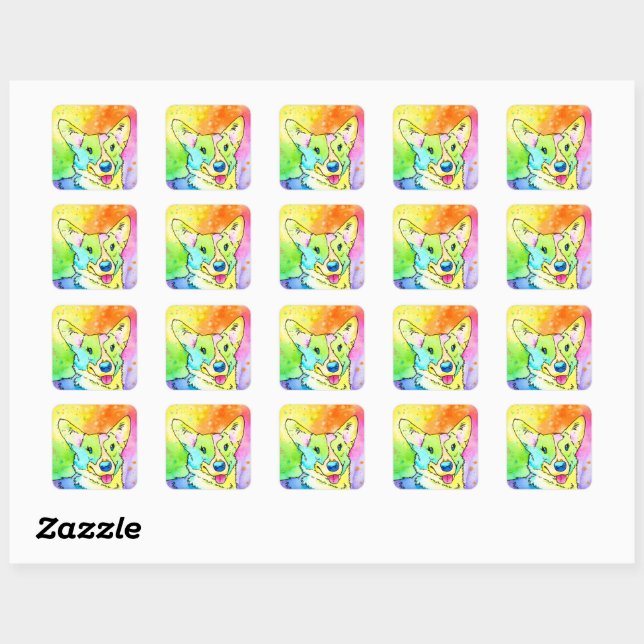 Sticker Carré Aquarelle douce arc-en-ciel Corgi (Feuille)