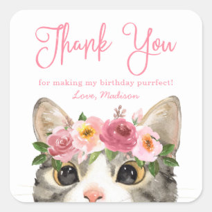 Sticker Carré Aquarelle douce Kitty Merci fête d'anniversaire
