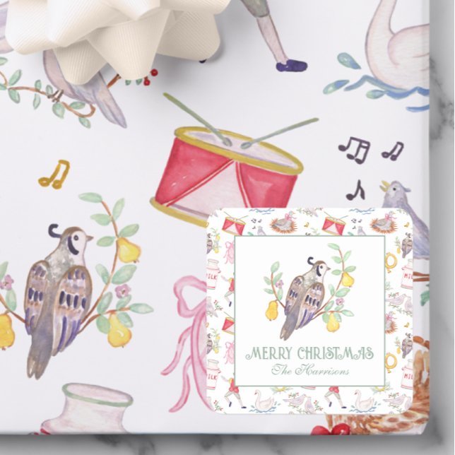 Sticker Carré Aquarelle Douze Jours de Noël Enceinte Cadeau (Créateur téléchargé)