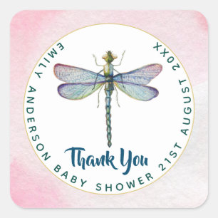 Sticker Carré Aquarelle DRAGONFLY Merci Baby shower rose Blu